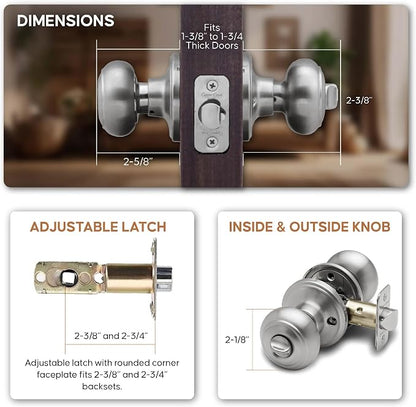 Copper Creek Colonial Privacy Interior Door Knob – ANSI Grade-3 Certified, Modern Heavy Duty Handle, Easy Install and Reversible for Bedroom, Bathroom and Closets – Satin Stainless (6 Pack)