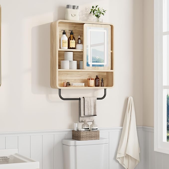 Modern Bathroom Wall Cabinet, Medicine Cabinets with Mirror, Over The Toilet Storage Cabinet for Bathroom, Towel Bar, Sliding Door, 3 Lighting Modes, Adjustable Brightness, Natural Oak