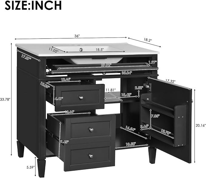 Merax 36 Inch Bathroom Vanity with Top Sink, Modern Bathroom Storage Cabinet with 2 Drawers and a Tip-Out Drawer, Solid Wood Frame Single Sink Bath Vanities, Black