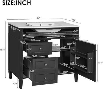 Merax 36 Inch Bathroom Vanity with Top Sink, Modern Bathroom Storage Cabinet with 2 Drawers and a Tip-Out Drawer, Solid Wood Frame Single Sink Bath Vanities, Black