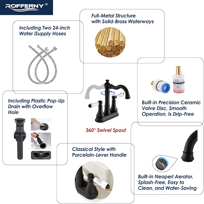 Porcelain 2-Handle Matte Black Bathroom Faucet 4 Inch Centerset | with Plastic Pop-up Drain and Two 23.6" Supply Lines, Classical 4" Bath Vanity Sink Faucets for 2/3-Hole Sinks, Brass Spout