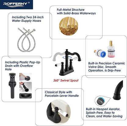 Porcelain 2-Handle Matte Black Bathroom Faucet 4 Inch Centerset | with Plastic Pop-up Drain and Two 23.6" Supply Lines, Classical 4" Bath Vanity Sink Faucets for 2/3-Hole Sinks, Brass Spout