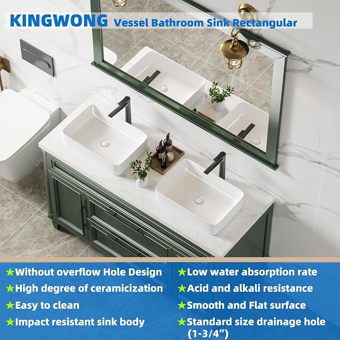 20" x 13.5" Rectangular Vessel Sink for Bathroom - KINGWONG Above Counter White Ceramic Porcelain Vanity Sink, Shallow Depth 4.3", No Overflow Hole, Top Mount Bathroom Basin for Modern Home