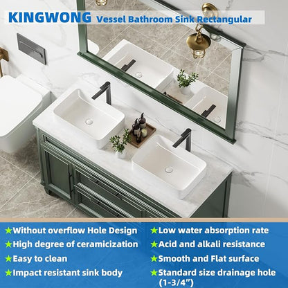 20" x 13.5" Rectangular Vessel Sink for Bathroom - KINGWONG Above Counter White Ceramic Porcelain Vanity Sink, Shallow Depth 4.3", No Overflow Hole, Top Mount Bathroom Basin for Modern Home