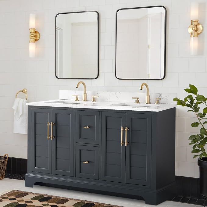 Vanity Art 54 Inch Bathroom Vanity with Double Sink, Vintage Green | Solid Wood, Ceramic Sink, Marble Top, Waterproof Backsplash, Pre-assembled, Soft-close Doors, Ample Storage, Freestanding