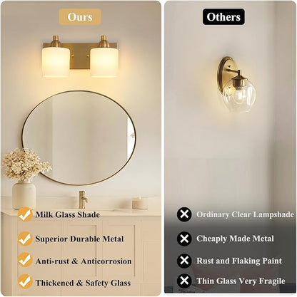 Mecgirn Stainless Steel Milk Glass Vanity Lights for Bathroom, 2 Light Brass Bathroom Light Fixtures Over Mirror, Ceramic E26 Sockets Wall Mounted