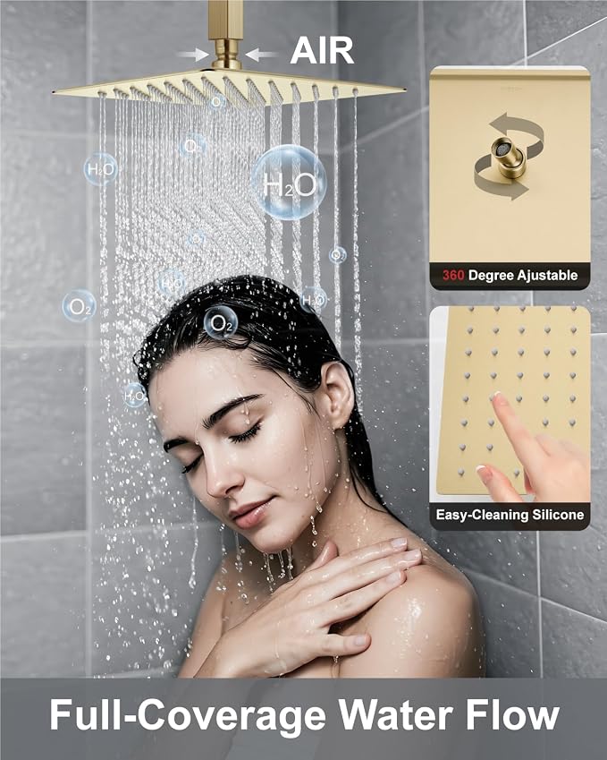 Aolemi Shower System with Rain Head and Handheld,10-Inch,Brushed Gold | High-Pressure Shower Faucet Set with Dual-Function Handheld,Rough-In Valve,1.8 GPM,Ceiling Mount Trim Kit