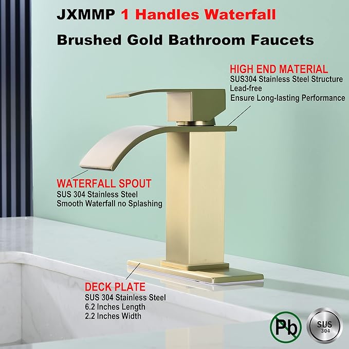 Waterfall Faucet for Bathroom Sink, Single Hole Bathroom Faucet Brushed Gold with Pop Up Drains and Deck Plate for 3 Hole Installation JXM122BG