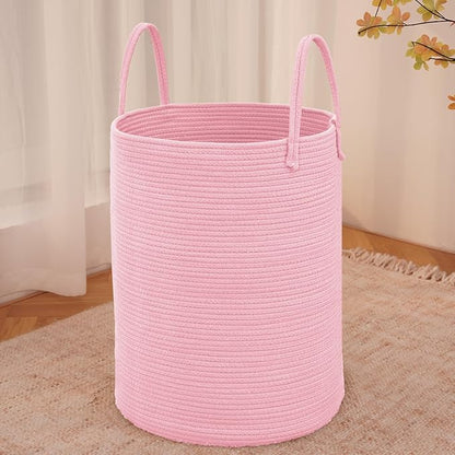 JMvicyroam 80L Cotton Rope Laundry Basket Hamper, Pink | Collapsible laundry basket, reinforced handles, freestanding, machine washable, holds 3-5 thick blankets, clothes or toys