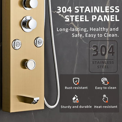 LED 5-in-1 Shower Panel Tower System,Brushed Gold | 304 Stainless Steel Shower Panel Tower Column with Powerful Body Jets, Rainfall, Waterfall,Handheld and Tub Spout