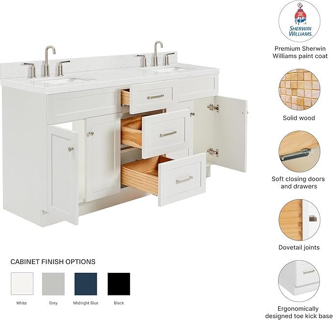 DKB Bradford 66-Inch White Double Bathroom Vanity, 1.5-Inch Edge Carrara Quartz Countertop & Splash, Rectangular Undermount Sinks, 2 Soft Closing Doors, 3 Dovetail Drawers, Toe Kick, Brushed Nickel