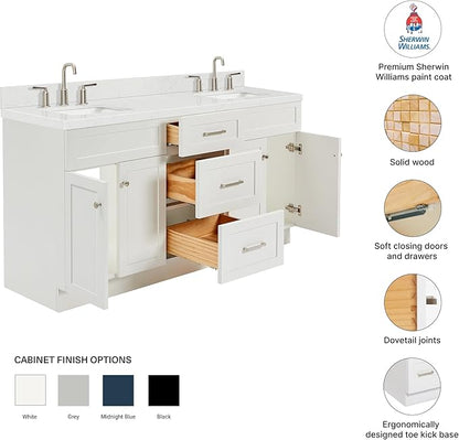 DKB Bradford 66-Inch White Double Bathroom Vanity, 1.5-Inch Edge Carrara Quartz Countertop & Splash, Rectangular Undermount Sinks, 2 Soft Closing Doors, 3 Dovetail Drawers, Toe Kick, Brushed Nickel