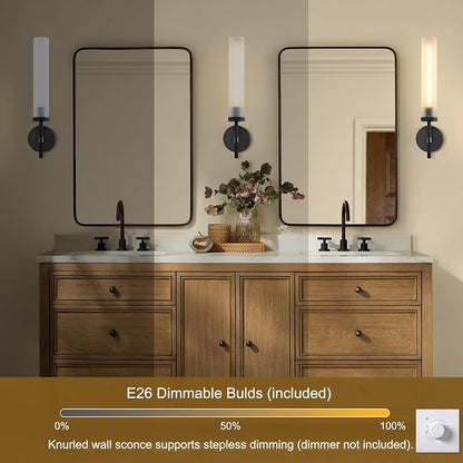Modern Hardwired Frosted Glass Bathroom Black Wall Sconces 2PC, Handmade Knurled Wall Light Fixture,Vanity Light for Living Room,Hallway, Bedroom, 20" Indoor Wall Lamp, Bulb Included