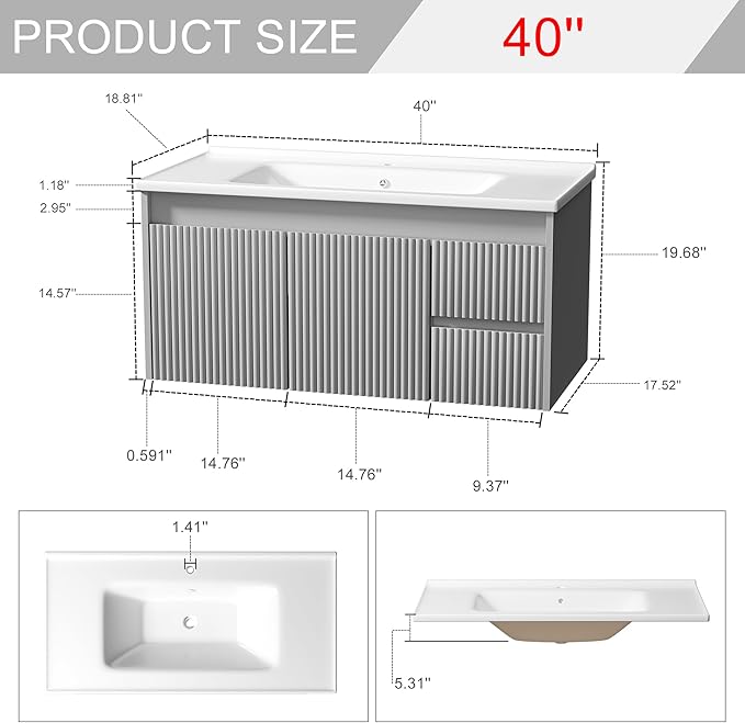 Floating Bathroom Vanity 40 Inch, Wall Mounted Bathroom Vanity with Ceramic Sink and 2 Drawers for Storage, Modern Wave-Carved Design Wooden Sink Cabinet, Grey