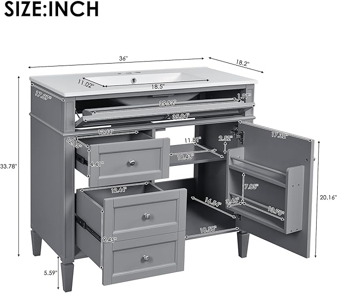 Merax 36 Inch Bathroom Vanity with Top Sink, Modern Bathroom Storage Cabinet with 2 Drawers and a Tip-Out Drawer, Solid Wood Frame Single Sink Bath Vanities, Gray