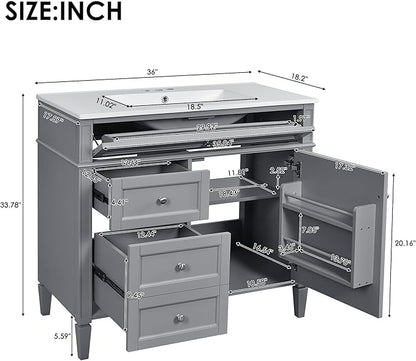 Merax 36 Inch Bathroom Vanity with Top Sink, Modern Bathroom Storage Cabinet with 2 Drawers and a Tip-Out Drawer, Solid Wood Frame Single Sink Bath Vanities, Gray