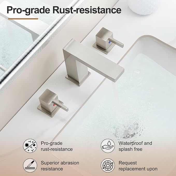 8 Inch Widespread Bathroom Faucet 3 Hole, 2 Handle Brushed Nickel Vanity Sink Faucet for Lavatory, Washbasin, Vanity, Commercial, with Deck, Pop-up Drain and cUPC Supply Hoses