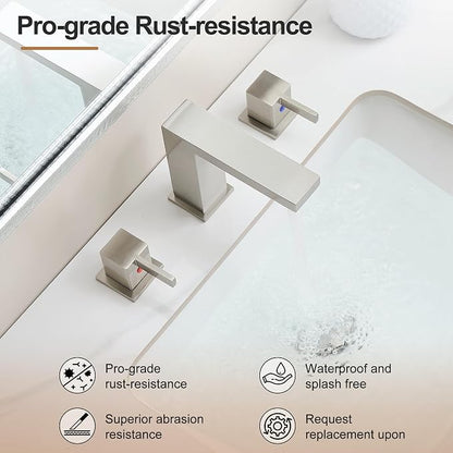 8 Inch Widespread Bathroom Faucet 3 Hole, 2 Handle Brushed Nickel Vanity Sink Faucet for Lavatory, Washbasin, Vanity, Commercial, with Deck, Pop-up Drain and cUPC Supply Hoses