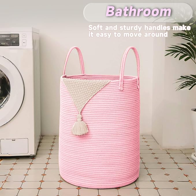 JMvicyroam 80L Cotton Rope Laundry Basket Hamper, Pink | Collapsible laundry basket, reinforced handles, freestanding, machine washable, holds 3-5 thick blankets, clothes or toys