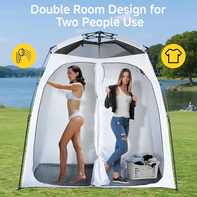 EighteenTek® Upgraded Shower Tents with Hub, Pop Up Privacy Tent Camping 2-Room Privacy Shelter with Floor & Dual Doors, Portable Easy-Setup Toilet & Changing Tent, 83" x 47" x 77.6"H