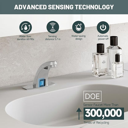 Touchless Bathroom Sink Faucet, Greenspring Motion Automatic Sensor Faucet, Hands Free Vanity Faucets with Hole Cover Plate, Modern Commercial with Control Box and Temperature Mixer, Chrome