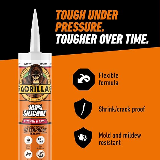 Gorilla 100% Silicone Caulk, Kitchen & Bath Sealant, White, 10 oz Cartridge | Mold & Mildew Resistant, 100% Waterproof Seal, 30-Minute Water-Ready, Flexible and Durable