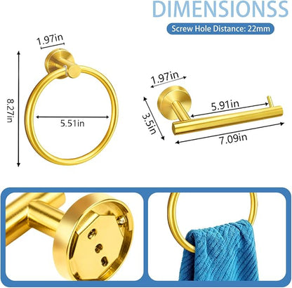 Bathroom Hand Towel Ring Gold Brushed Gold Towel Ring Toilet Paper Holder Wall Mount Brushed Gold Toilet Paper Holder SUS304 Stainless Steel 2pc (2, 2-Black)