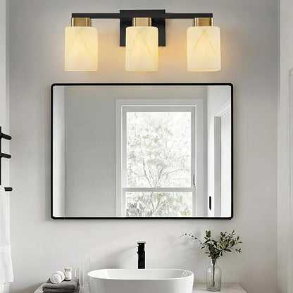 3-Light Square Bathroom Light Fixture, Black and Gold Modern Vanity Light with White Marble Glass Shade, for Bathroom Mirror, Living Room, Bedroom, Hallway, E26 Base