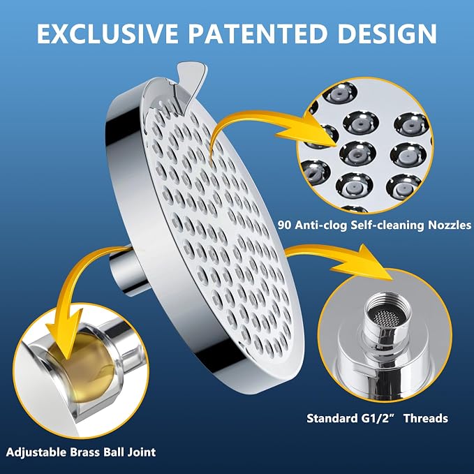 High Pressure Shower Head 7-Setting 6" Fixed Rain for Low Flow | 360° adjustable ball joint, ABS lightweight, low water pressure, easy install without tools, ideal for dorm/apartment/renter