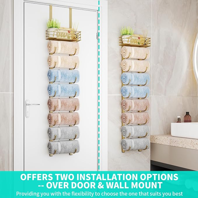 HapiRm Towel Racks for Bathroom Storage - 9 Tier Over The Door & Wall Mount Rolled Towel Storage Organizer Holder with Metal Shelf Basket for Small Bathroom, Camper, Rv - Gold, Patented