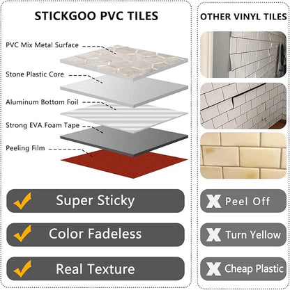 STICKGOO Hexagon Peel and Stick Backsplash Tile, Stick on Backsplash for Kitchen and Bathroom, Beige Marble Look PVC Mixed Metal Gold Self Adhesive Wall Tiles(6 Sheets, Seamless)