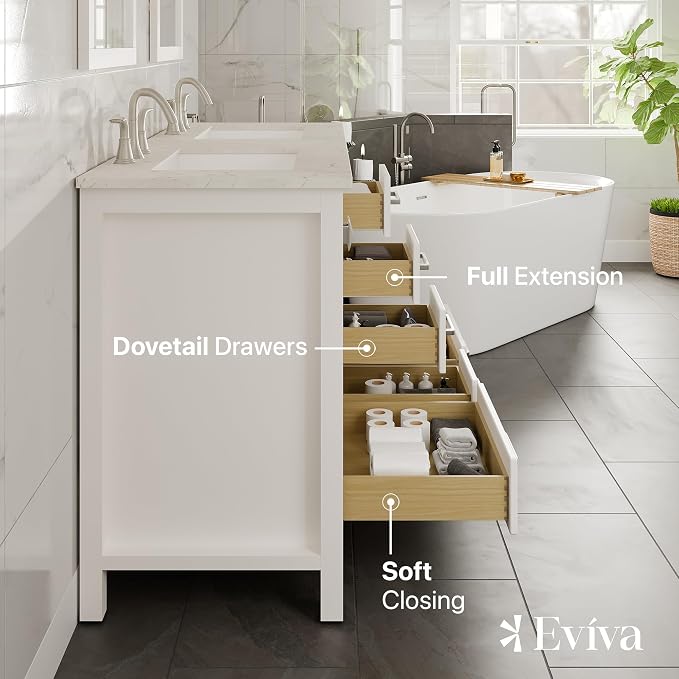 Aberdeen 60 in. White Double Sink Bath Vanity with Carrara Quartz Top and Undermount Porcelain Sinks