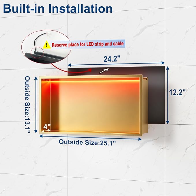 RGB LED Light Shower Niche, Gold 24X12 in Stainless Steel Wall Niche with Remote Control, Waterproof No Tile Needed Wall Niche for Bathroom Storage Over Mount Installation