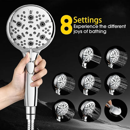 High Pressure Shower Head with Handheld,Power Wash & Auto Reset | 8-setting Shower Spray with on off Switch,79in Stainless Steel Extra Long Hose&Bracket.Easy for Seniors, kids & Pets,Sliver