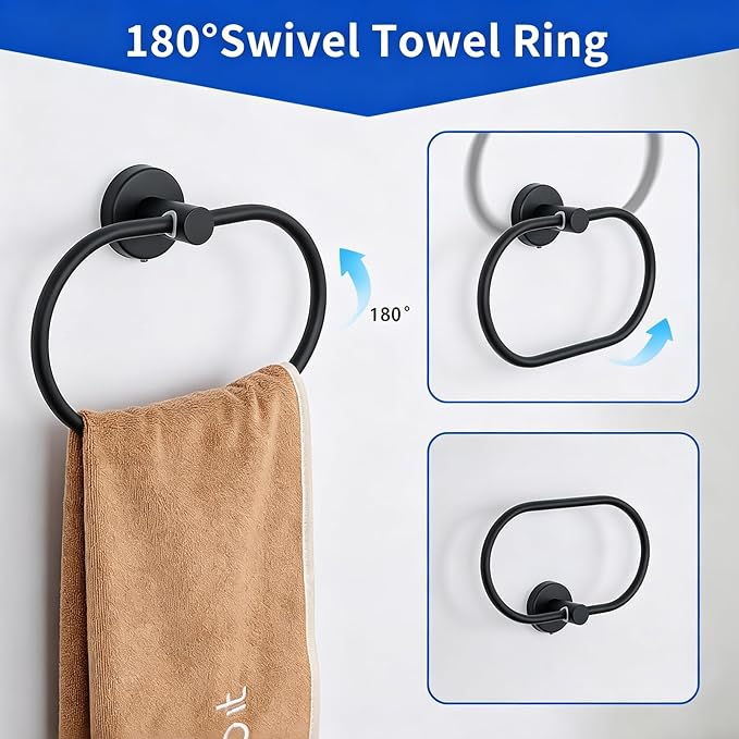 7-Piece Bathroom Hardware Accessories Set, SUS304 Towel Bar, Black | 25.9-Inch Towel Rack, Oval Towel Ring, Toilet Paper Holder with Shelf & 4 Robe Towel Hooks, Wall-Mounted Towel Holder Set
