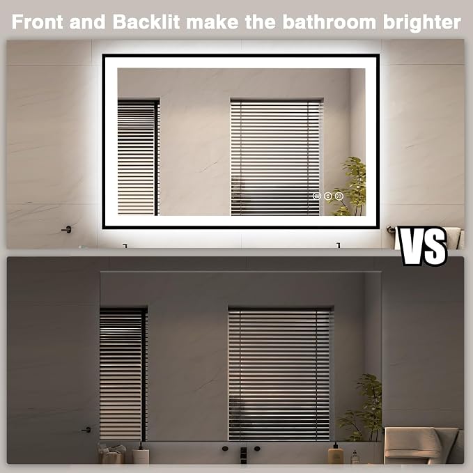 EchosLife 48x32 LED Bathroom Mirrors for Wall - Black Aluminum Framed | Black Frame, Front and Backlit, Anti-Fog, Stepless Dimmable, 3 Colors, Memory, Tempered Glass, UL Listed, Horizontal/Vertical