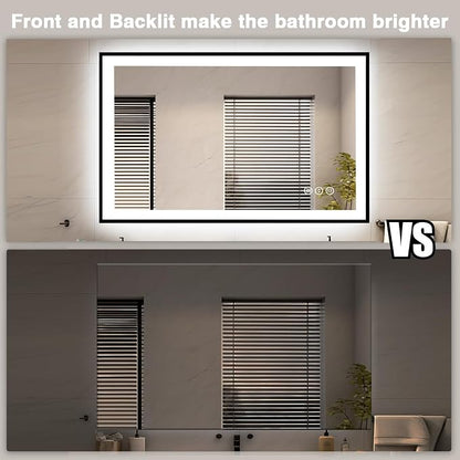 EchosLife 48x32 LED Bathroom Mirrors for Wall - Black Aluminum Framed | Black Frame, Front and Backlit, Anti-Fog, Stepless Dimmable, 3 Colors, Memory, Tempered Glass, UL Listed, Horizontal/Vertical