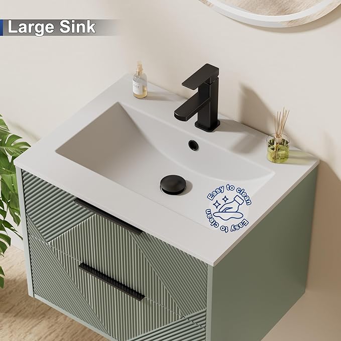 LUCKWIND 24" Floating Bathroom Vanity with Sink Combo, Wall Mounted Floating Cabinet with 2 Large Soft-Close Drawers & Water Saving Faucet, Geometric Textured Design in Green