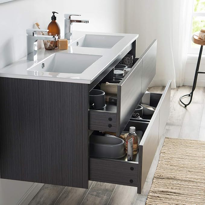 Blossom 48 inch Bathroom Vanity with Sink, Double Ceramic Sink Wall Mounted Floating Bathroom Vanity Cabinet, All Wood Bathroom Storage Organizer, Soft-Closing U-Shaped Cutout Drawers, Silver Grey