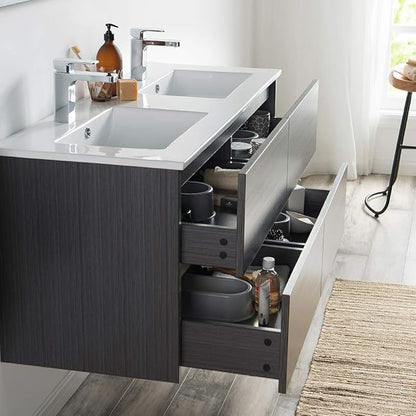 Blossom 48 inch Bathroom Vanity with Sink, Double Ceramic Sink Wall Mounted Floating Bathroom Vanity Cabinet, All Wood Bathroom Storage Organizer, Soft-Closing U-Shaped Cutout Drawers, Silver Grey