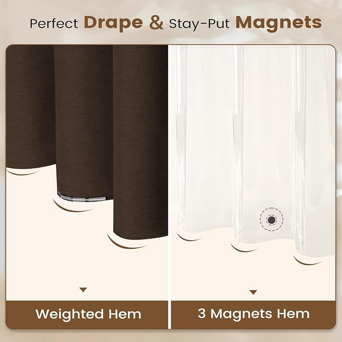 BTTN 3 in 1 Shower Curtain Set - 96 Inch Extra Long Linen Textured Cloth Shower Curtain Liner with Plastic Hooks and 3 Magnets, Tall Modern Hotel Waterproof Shower Curtain for Bathroom, Brown,72x96