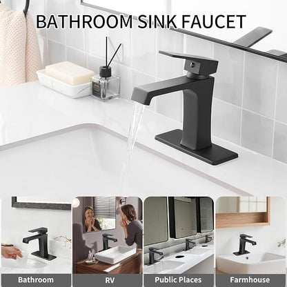 Waterfall Bathroom Faucet Black Bathroom Sink Faucet, Modern Single Hole Bathroom Faucet, Single Handle RV Sink Vanity Faucet—Includes Pop-Up Drain, Suitable for 1-Hole or 3-Hole