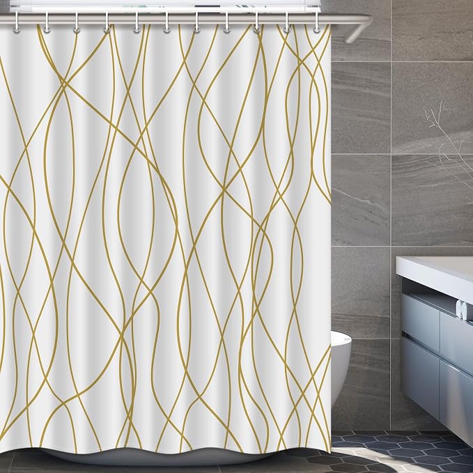 Striped Shower Curtain for Bathroom, Gold Light Brown White, 72x78 | with Hooks, Modern Hotel Style, Water Repellent, Washable, Weighted Hem
