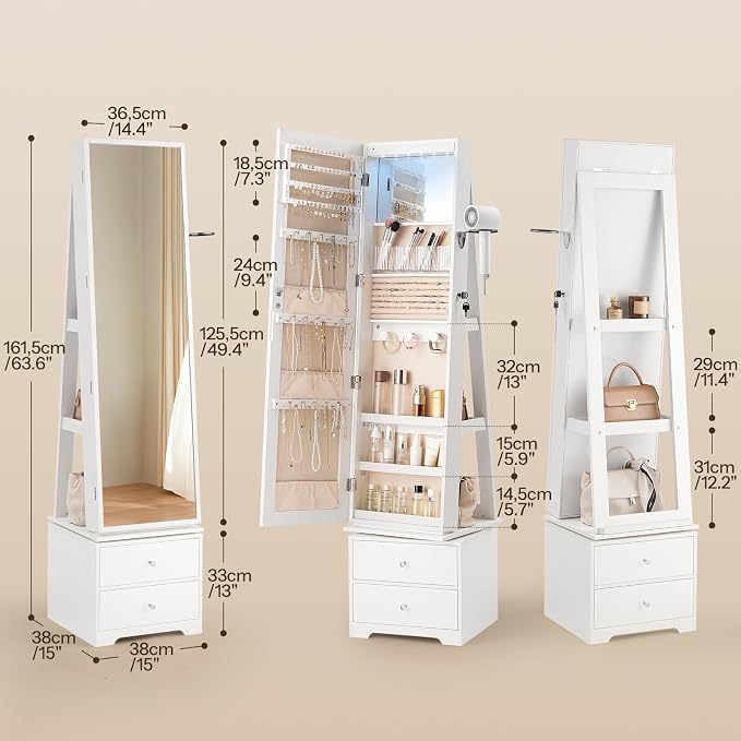 HOOBRO 360° Swivel Jewelry Cabinet with LED Lights, Standing Jewelry Armoire with 2 Drawers, Rotatable Full-Length Mirror Jewelry Organizer, Lockable Jewelry Storage Cabinet Makeup Brush Boxes, White