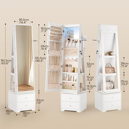 HOOBRO 360° Swivel Jewelry Cabinet with LED Lights, Standing Jewelry Armoire with 2 Drawers, Rotatable Full-Length Mirror Jewelry Organizer, Lockable Jewelry Storage Cabinet Makeup Brush Boxes, White