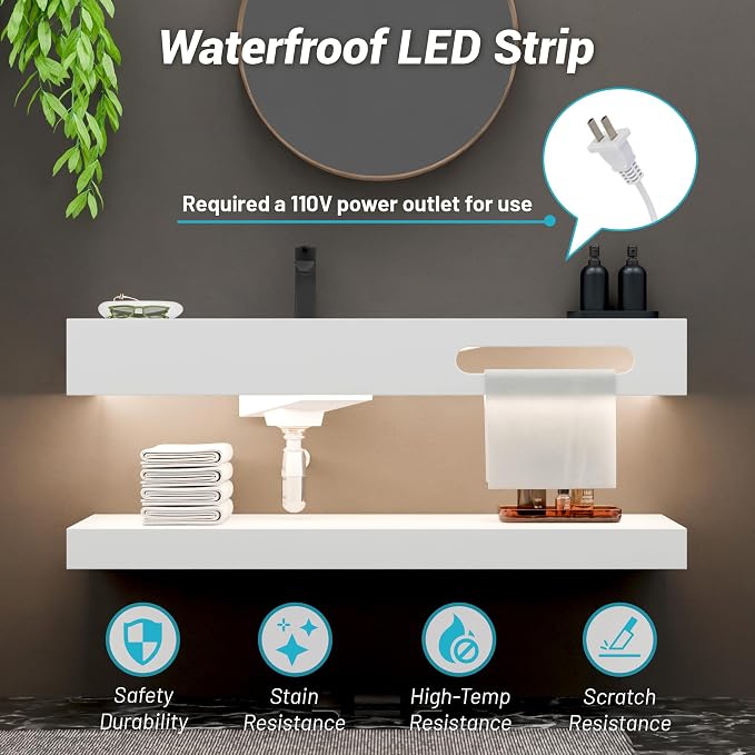 48"x19" Wall Mount Bathroom Vanity with LED Smart Sensor Light, Stone Resin Floating Vanity Sink Rectangular Vessel White Trough Art Basin with Shelf Layer