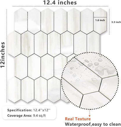 Vamos Tile Long Hexagon Peel and Stick Backsplash Tile - 10 Sheets Stick on Backsplash for Kitchen and Bathroom 12.4 x 12 Inch Glossy Dolomite White PVC Self Adhesive Mosaic Wall Tiles