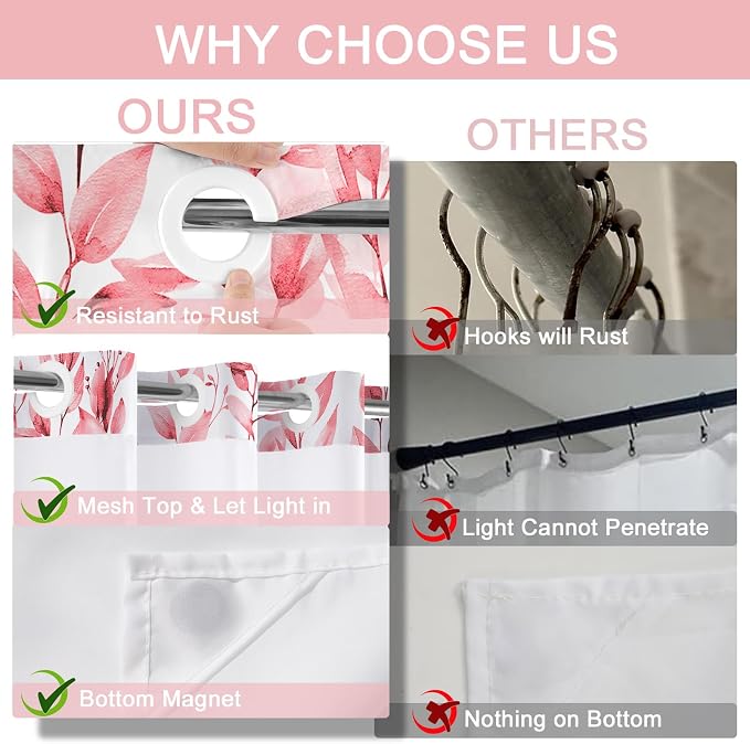 No Hook Shower Curtain and Liner Set, Pink Eucalyptus 71x84 | Floral Design, with Snap in Liner, See-Through Top Window, Waterproof, Machine Washable, Quick-Drying, for Hotel Bathroom
