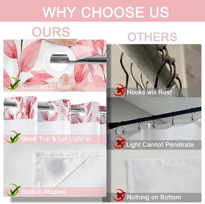 No Hook Shower Curtain and Liner Set, Pink Eucalyptus 71x84 | Floral Design, with Snap in Liner, See-Through Top Window, Waterproof, Machine Washable, Quick-Drying, for Hotel Bathroom