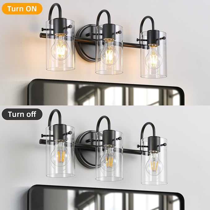 3 Lights Vanity Lights, Matte Black Bathroom Wall Light Fixtures over Mirror, Modern Wall Sconce with Clear Glass Shade, Farmhouse Wall Mount Porch Wall Lamp for Mirror, Kitchen, Living Room, Workshop